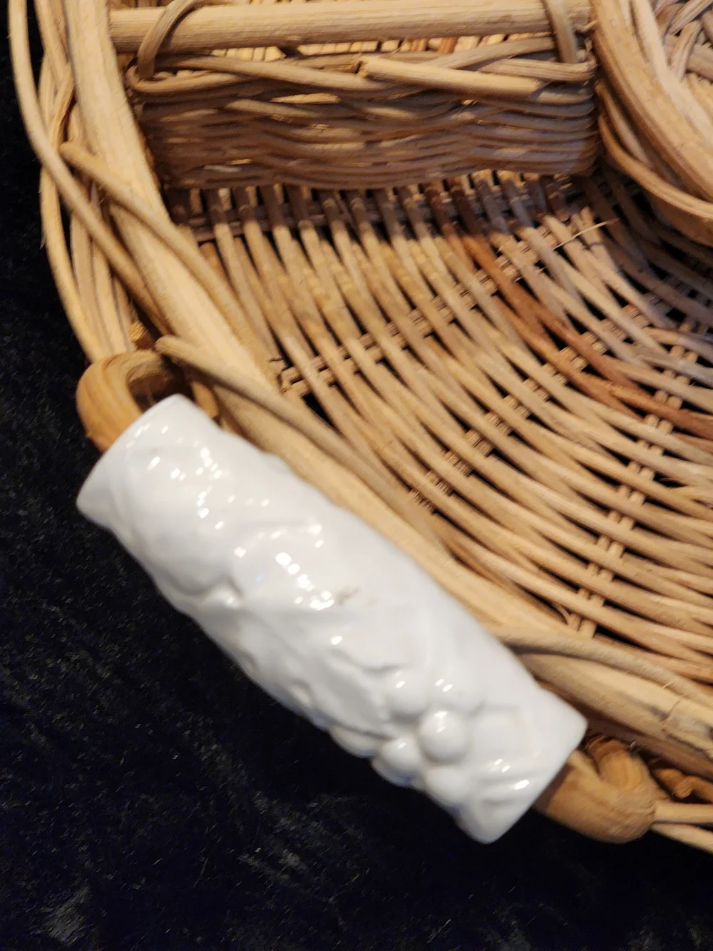 Woven Rattan Divided Serving Basket with White Ceramic Handles